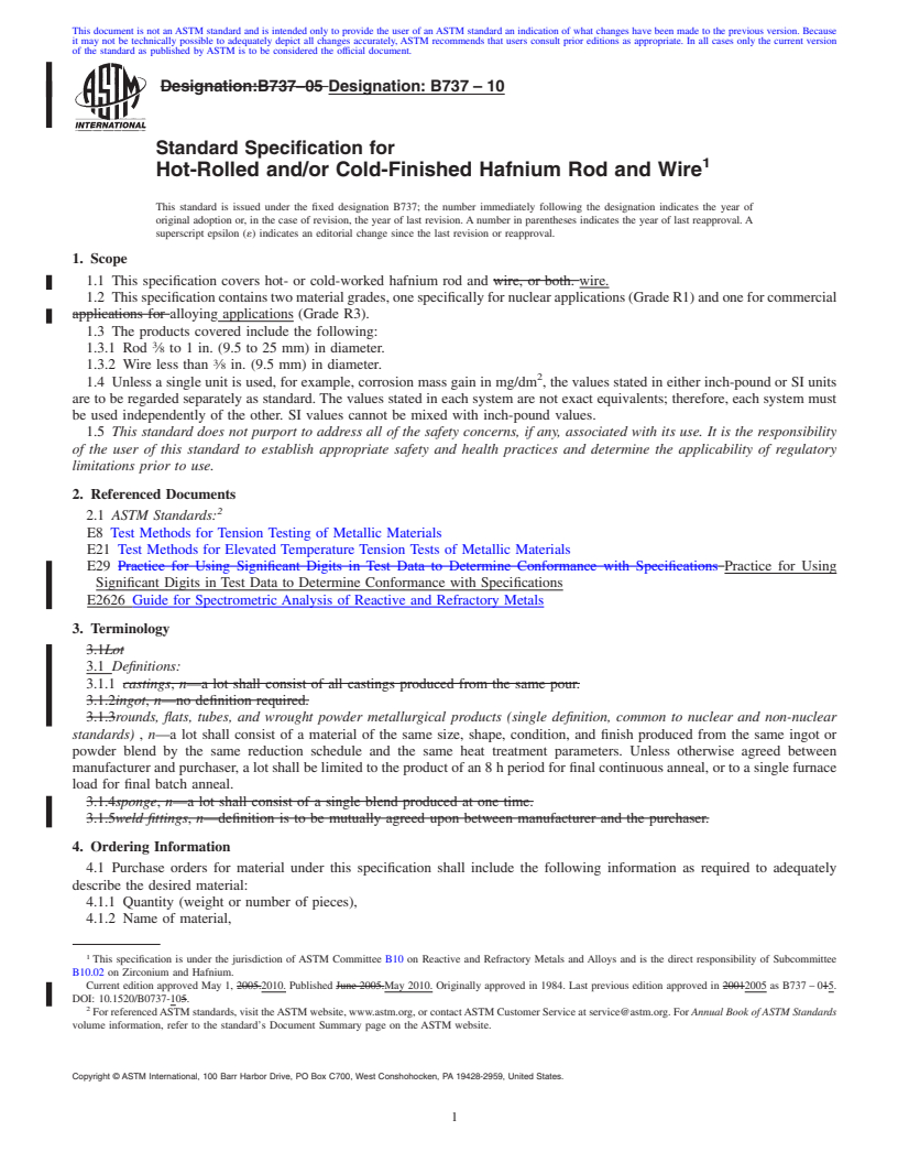 REDLINE ASTM B737-10 - Standard Specification for Hot-Rolled and/or Cold-Finished Hafnium Rod and Wire
