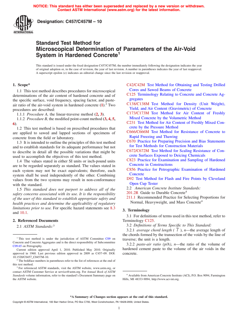 ASTM C457/C457M-10 - Standard Test Method for Microscopical Determination of Parameters of the Air-Void System in Hardened Concrete