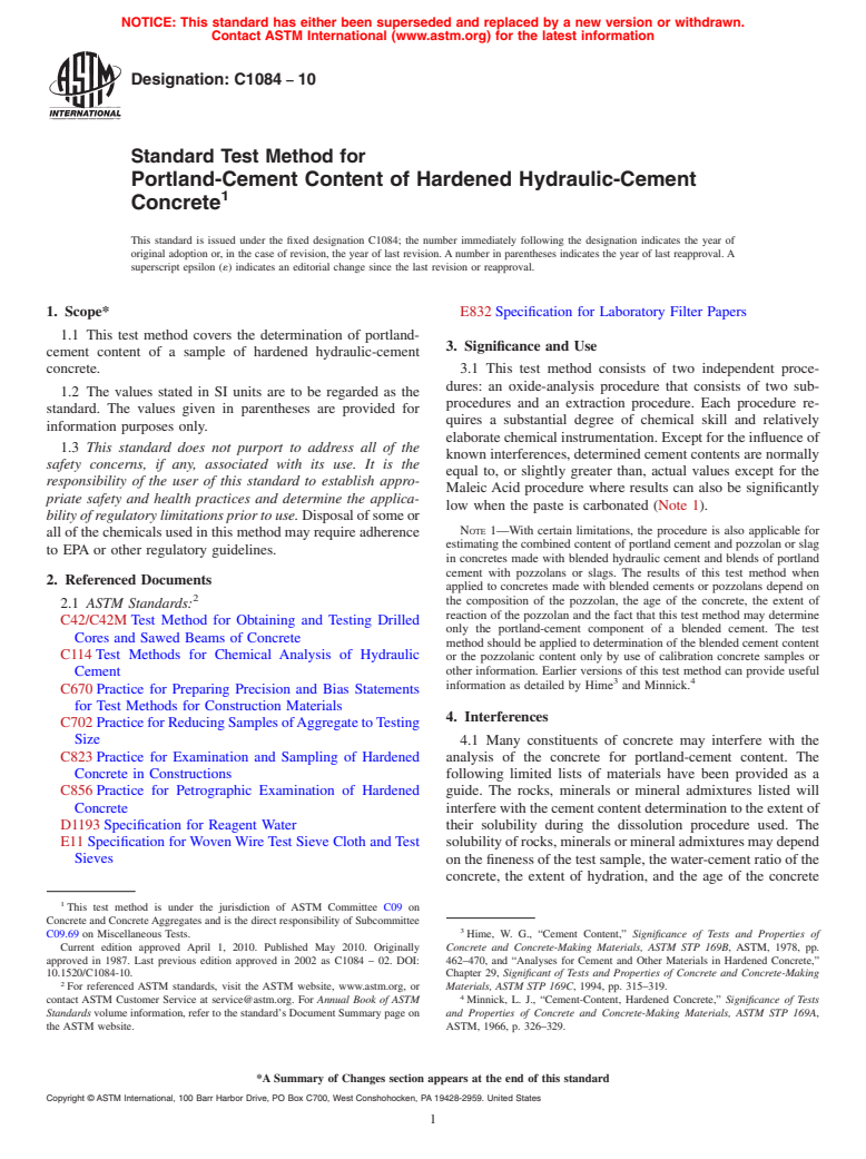 ASTM C1084-10 - Standard Test Method for Portland-Cement Content of Hardened Hydraulic-Cement Concrete (Withdrawn 2019)