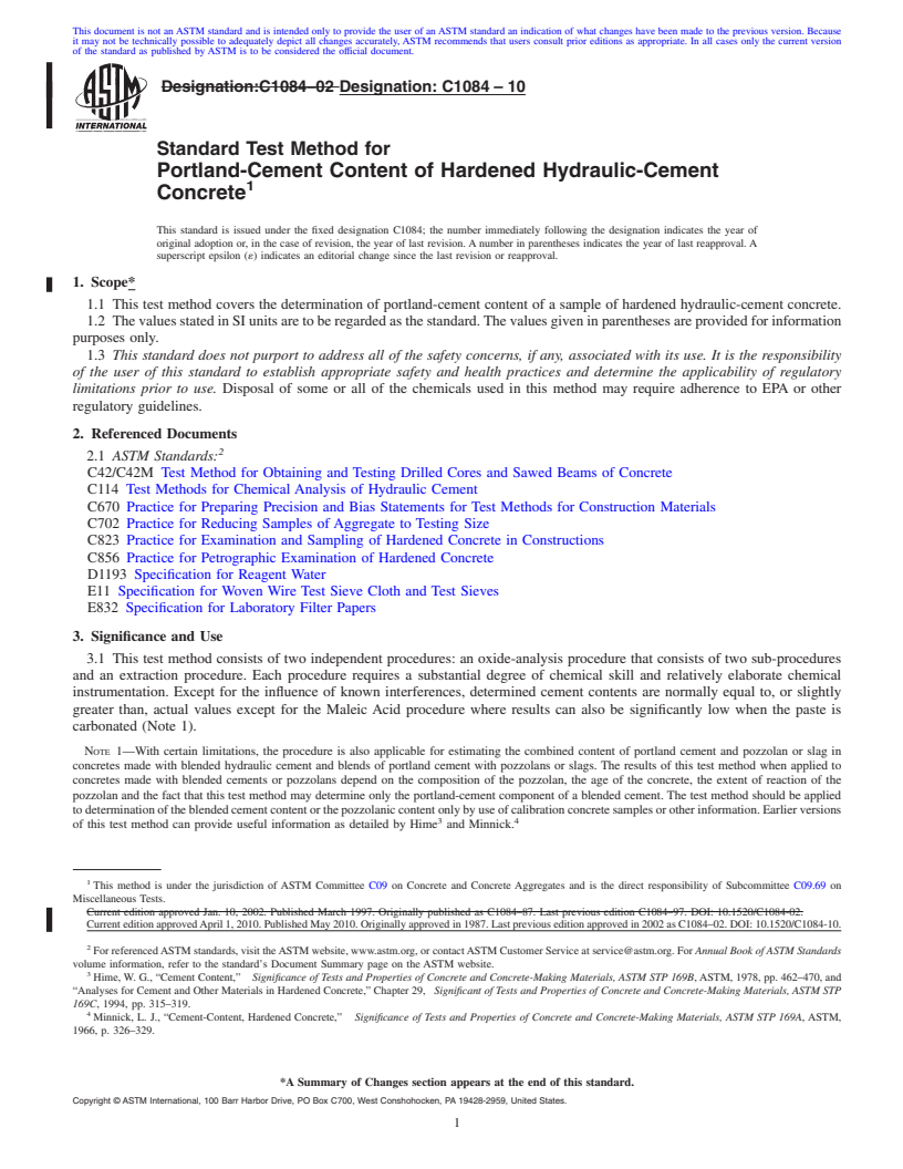 REDLINE ASTM C1084-10 - Standard Test Method for Portland-Cement Content of Hardened Hydraulic-Cement Concrete (Withdrawn 2019)