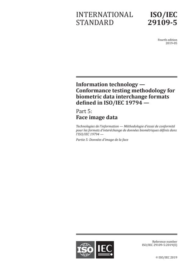 ISO/IEC 29109-5:2019 - Information technology -- Conformance testing methodology for biometric data interchange formats defined in ISO/IEC 19794