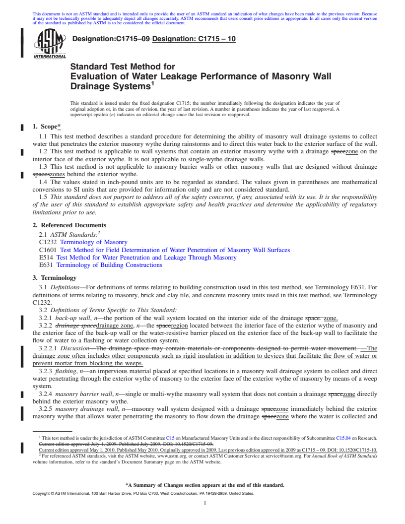 REDLINE ASTM C1715-10 - Standard Test Method for Evaluation of Water Leakage Performance of Masonry Wall Drainage Systems