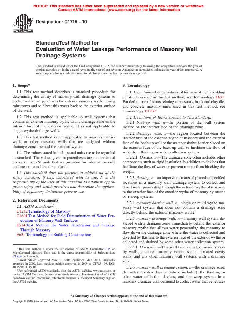 ASTM C1715-10 - Standard Test Method for Evaluation of Water Leakage Performance of Masonry Wall Drainage Systems