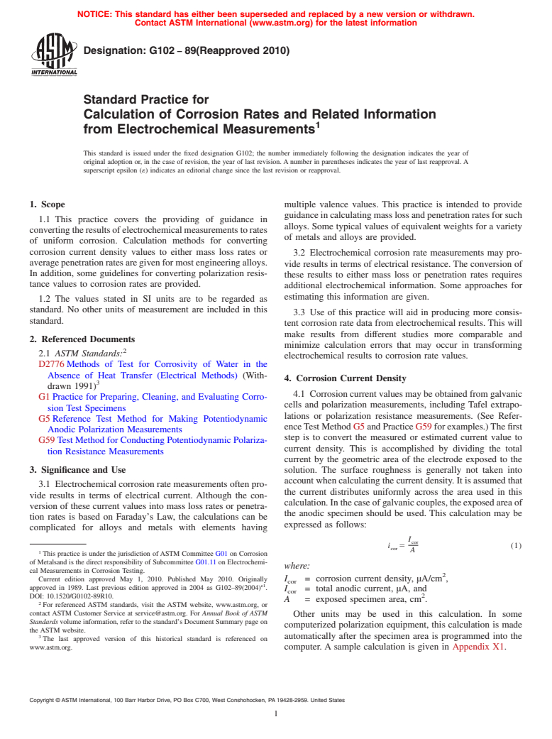 ASTM G102-89(2010) - Standard Practice for Calculation of Corrosion Rates and Related Information from Electrochemical Measurements