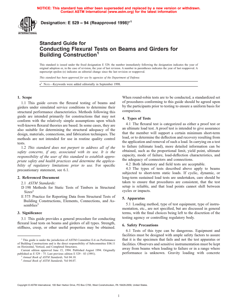 ASTM E529-94(1998)e1 - Standard Guide for Conducting Flexural Tests on Beams and Girders for Building Construction