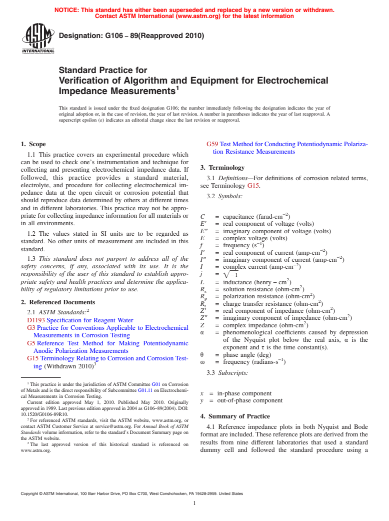 ASTM G106-89(2010) - Standard Practice for Verification of Algorithm and Equipment for Electrochemical Impedance Measurements