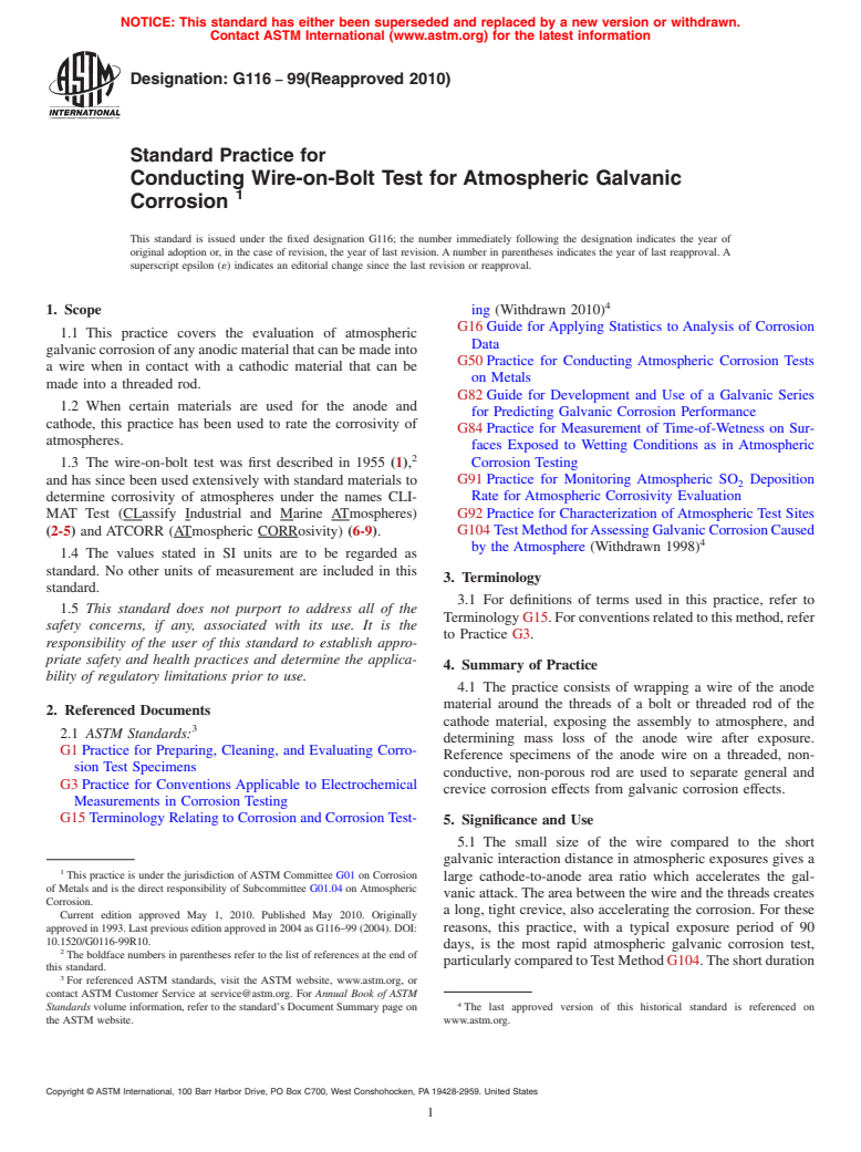 ASTM G116-99(2010) - Standard Practice for Conducting Wire-on-Bolt Test for Atmospheric Galvanic Corrosion