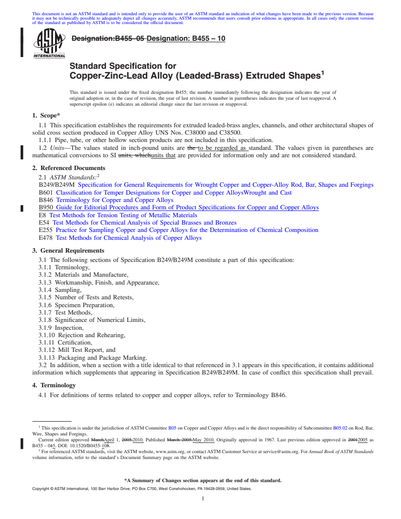 REDLINE ASTM B455-10 - Standard Specification for Copper-Zinc-Lead Alloy (Leaded-Brass) Extruded Shapes