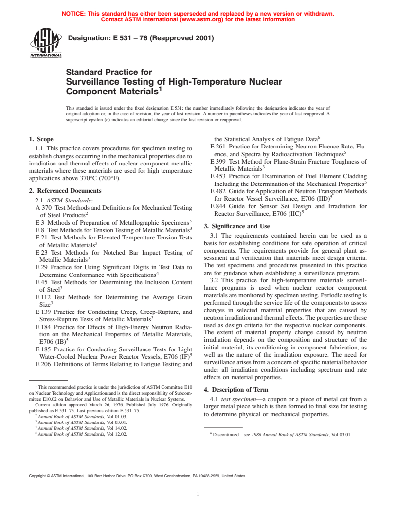 ASTM E531-76(2001) - Standard Practice for Surveillance Testing of High-Temperature Nuclear Component Materials