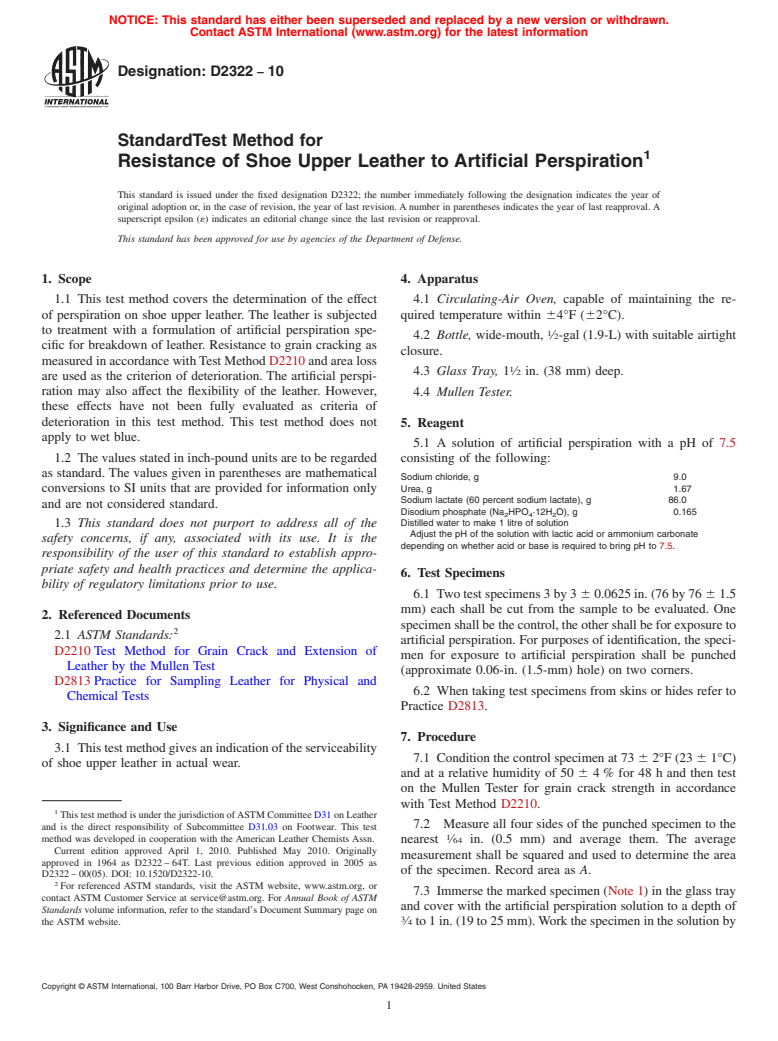 ASTM D2322-10 - Standard Test Method for Resistance of  Shoe Upper Leather to Artificial Perspiration