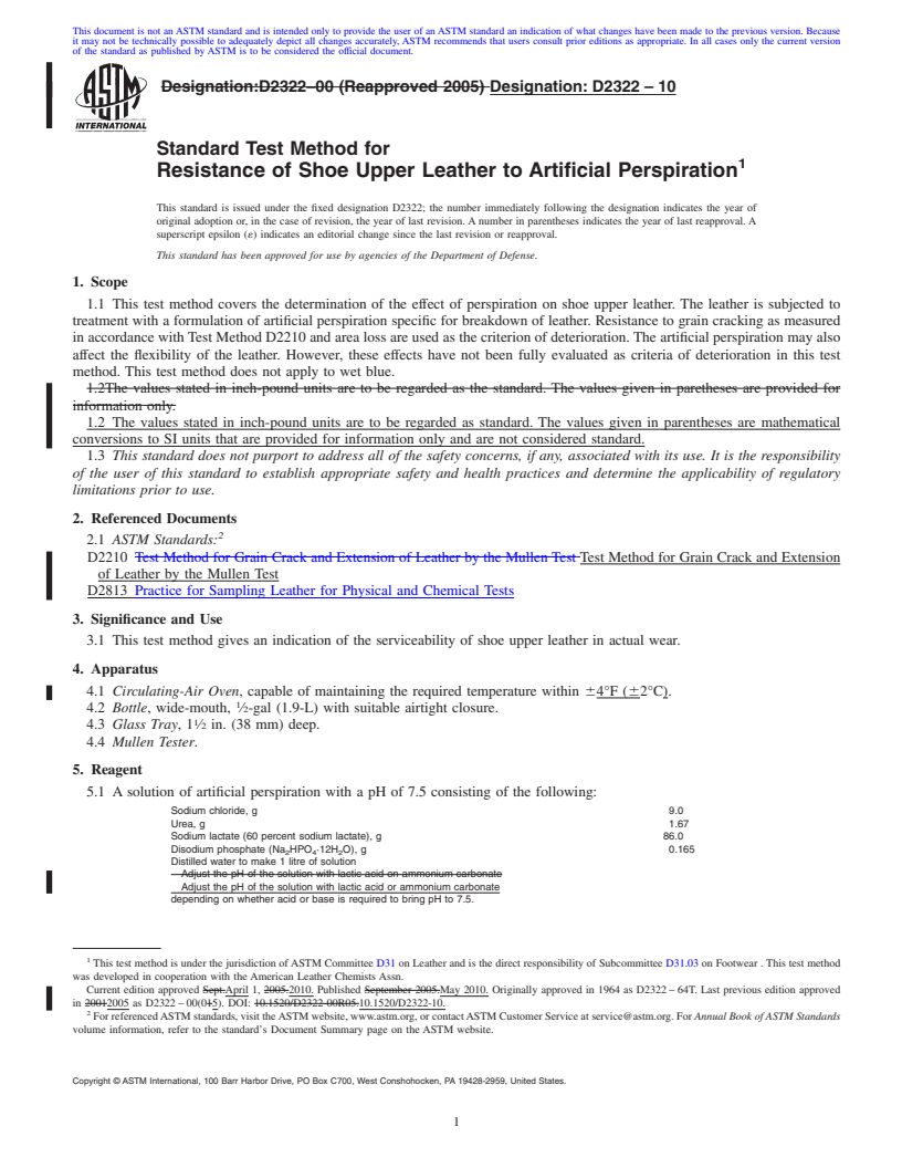 REDLINE ASTM D2322-10 - Standard Test Method for Resistance of  Shoe Upper Leather to Artificial Perspiration