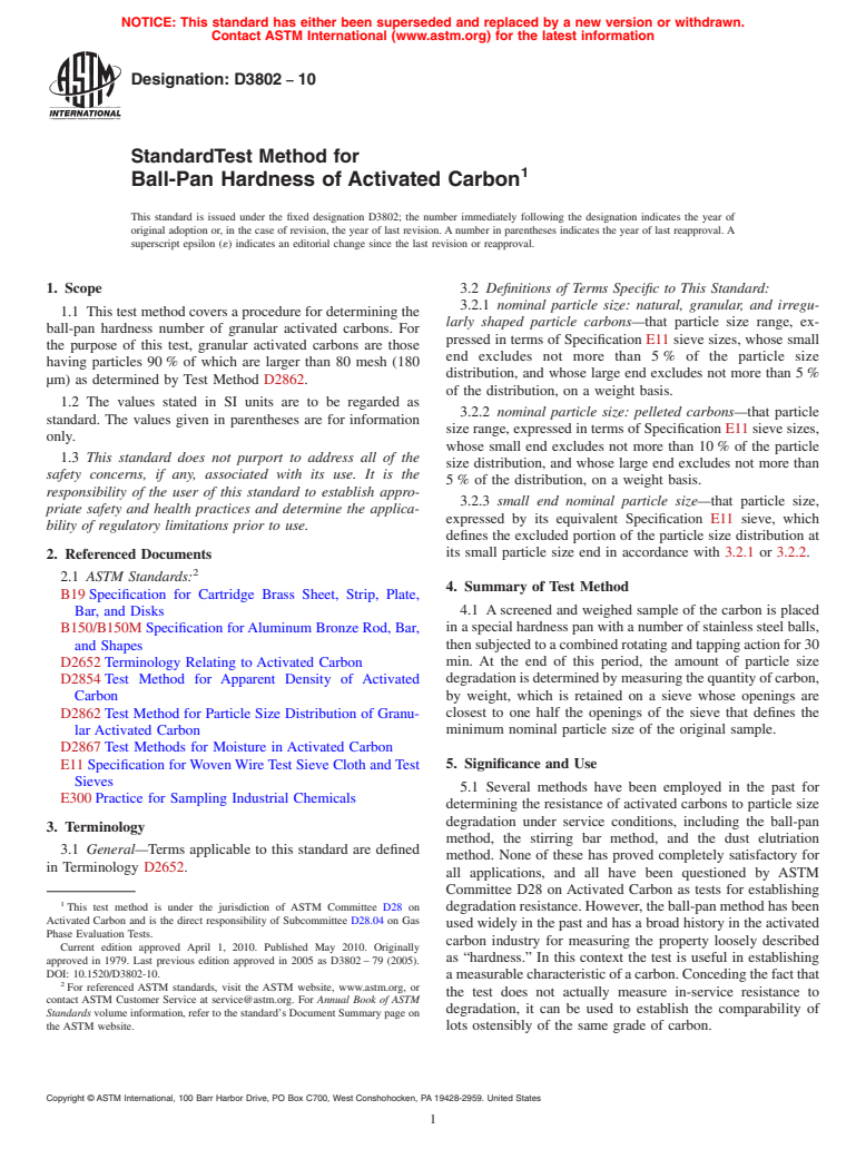 ASTM D3802-10 - Standard Test Method for Ball-Pan Hardness of Activated Carbon