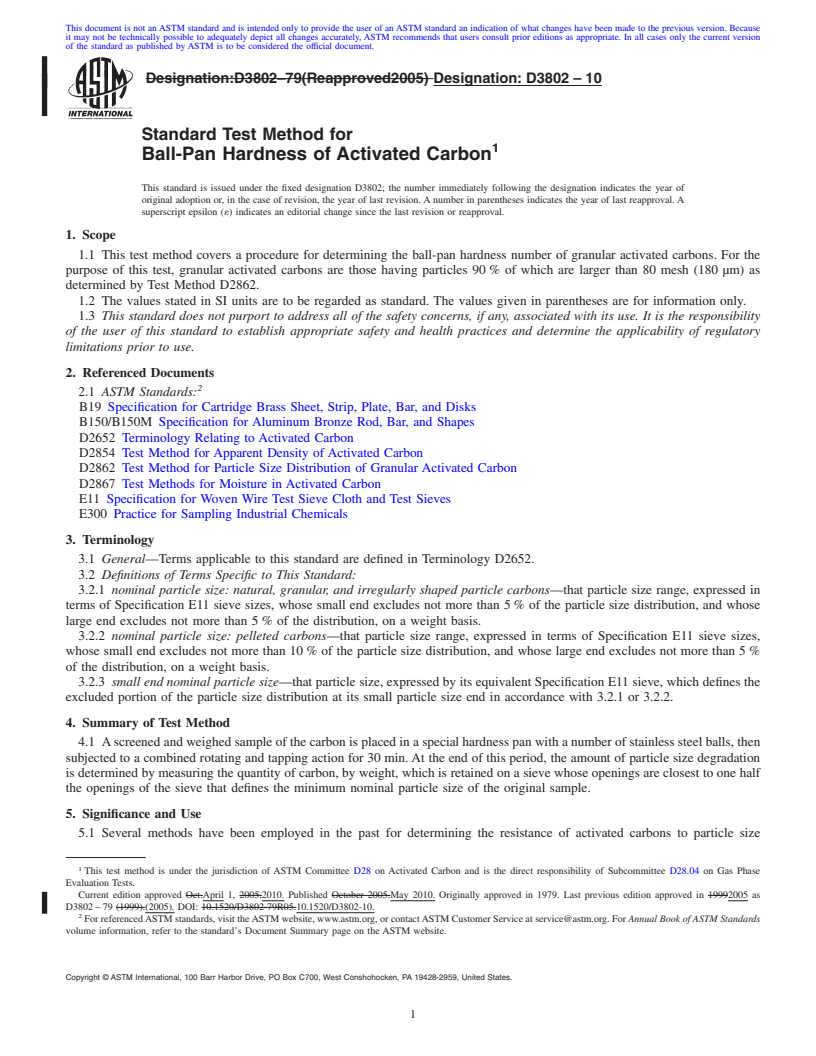 REDLINE ASTM D3802-10 - Standard Test Method for Ball-Pan Hardness of Activated Carbon