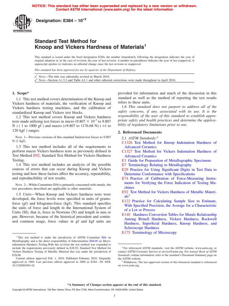 ASTM E384-10e2 - Standard Test Method for Knoop and Vickers Hardness of Materials