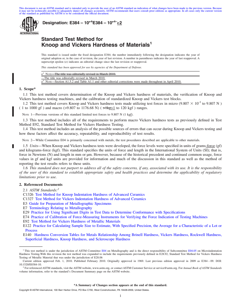 REDLINE ASTM E384-10e2 - Standard Test Method for Knoop and Vickers Hardness of Materials