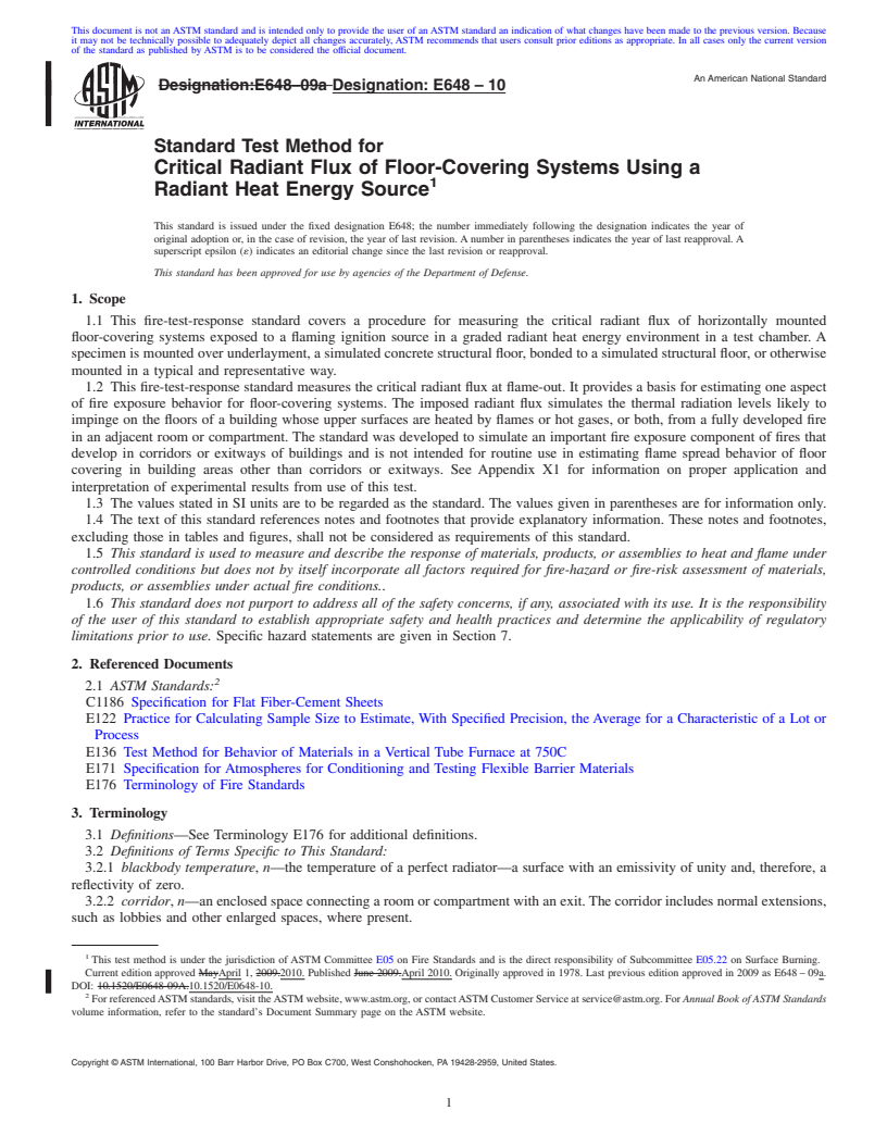 REDLINE ASTM E648-10 - Standard Test Method for  Critical Radiant Flux of Floor-Covering Systems Using a Radiant Heat Energy Source