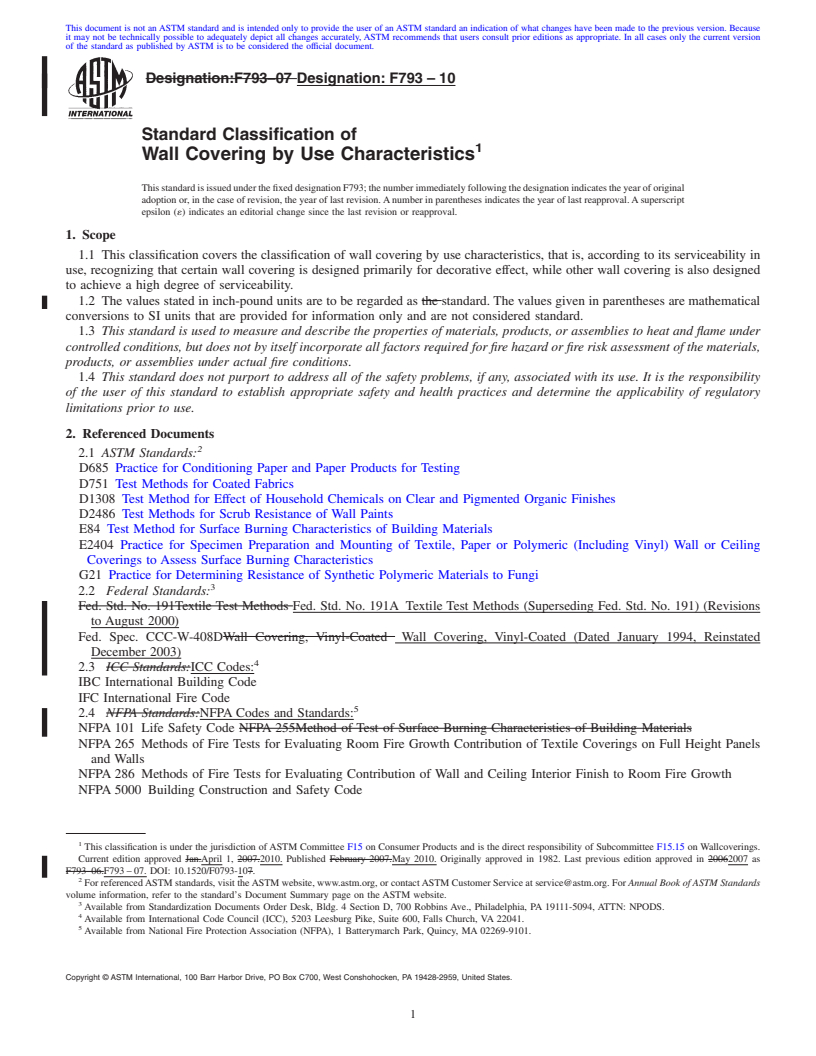 REDLINE ASTM F793-10 - Standard Classification of Wall Covering by Use Characteristics