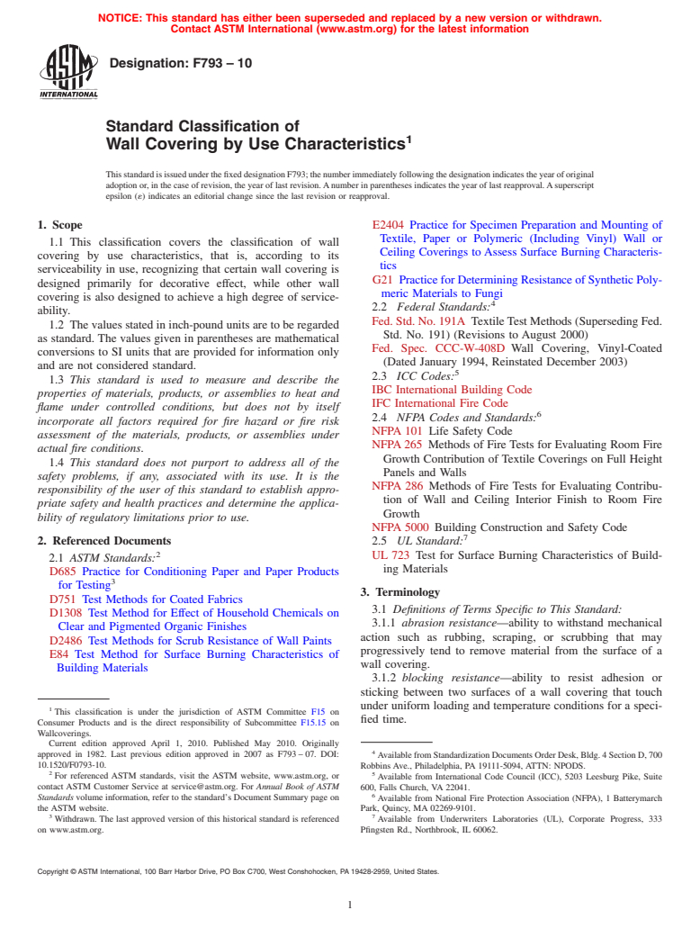 ASTM F793-10 - Standard Classification of Wall Covering by Use Characteristics