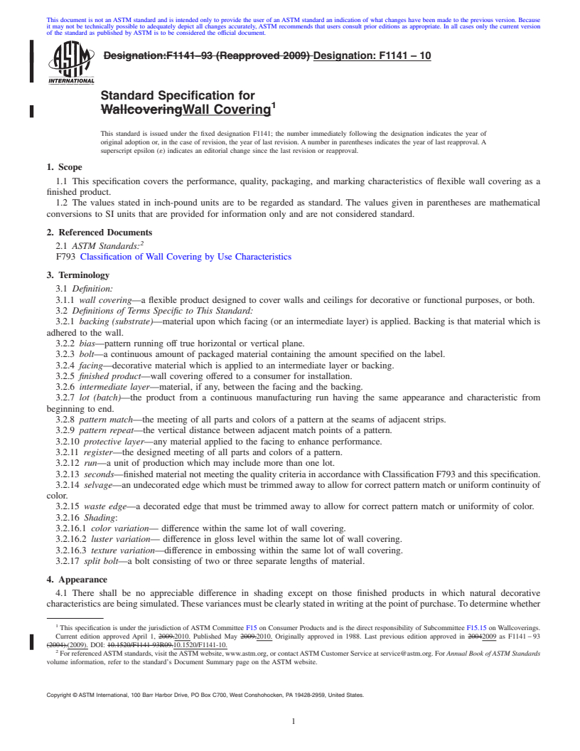 REDLINE ASTM F1141-10 - Standard Specification for Wallcovering