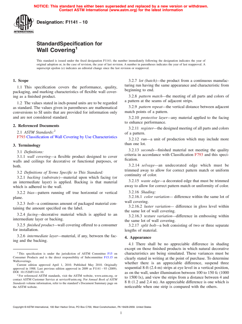 ASTM F1141-10 - Standard Specification for Wallcovering