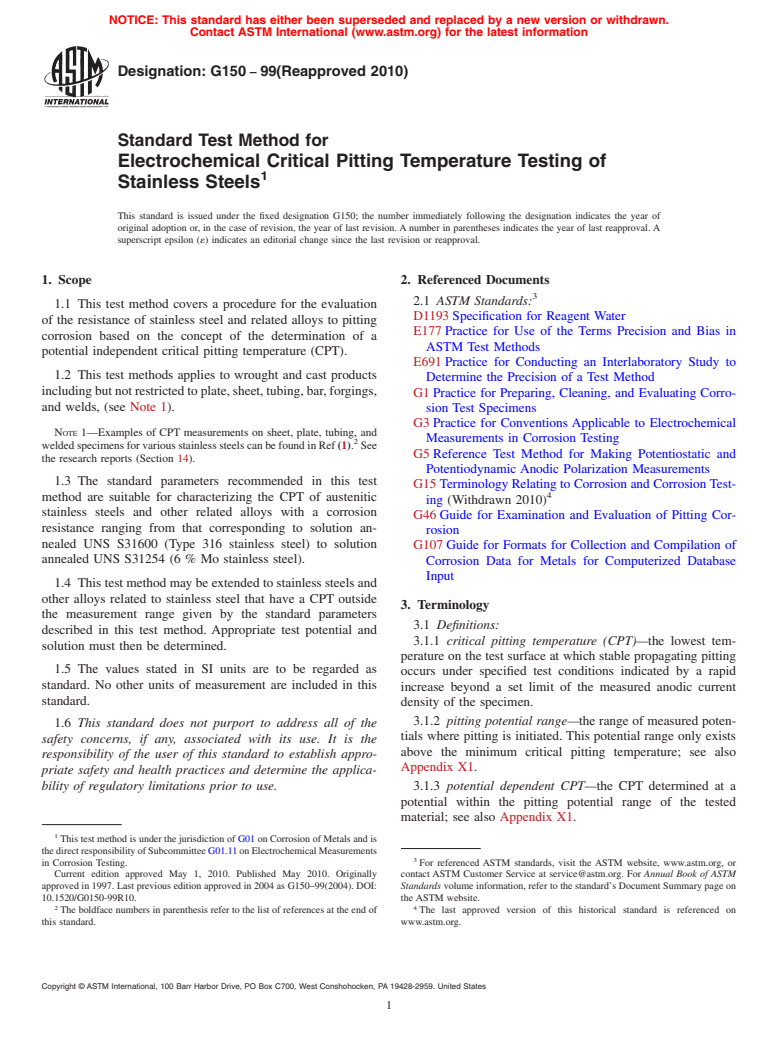 ASTM G150-99(2010) - Standard Test Method for Electrochemical Critical Pitting Temperature Testing of Stainless Steels