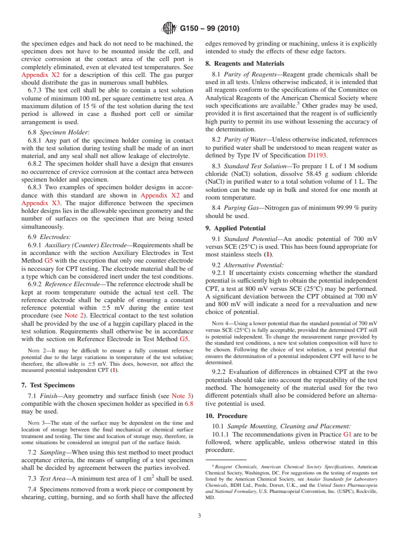 ASTM G150-99(2010) - Standard Test Method for Electrochemical Critical Pitting Temperature Testing of Stainless Steels