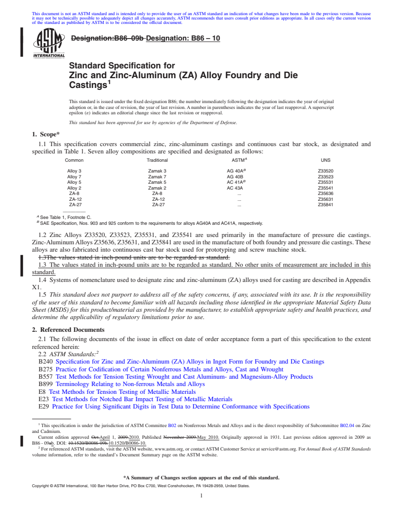 REDLINE ASTM B86-10 - Standard Specification for Zinc and Zinc-Aluminum (ZA) Alloy Foundry and Die Castings