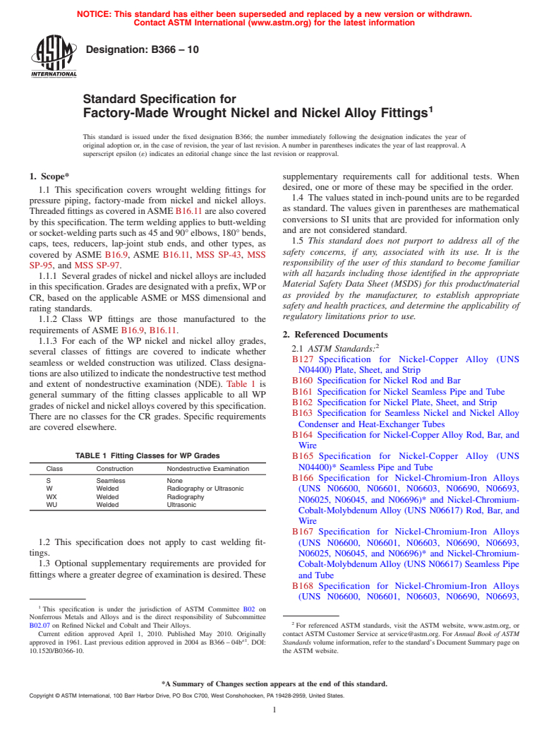 ASTM B366-10 - Standard Specification for Factory-Made Wrought Nickel and Nickel Alloy Fittings