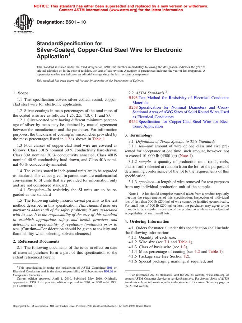 ASTM B501-10 - Standard Specification for Silver-Coated, Copper-Clad Steel Wire for Electronic Application