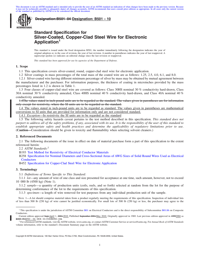 REDLINE ASTM B501-10 - Standard Specification for Silver-Coated, Copper-Clad Steel Wire for Electronic Application