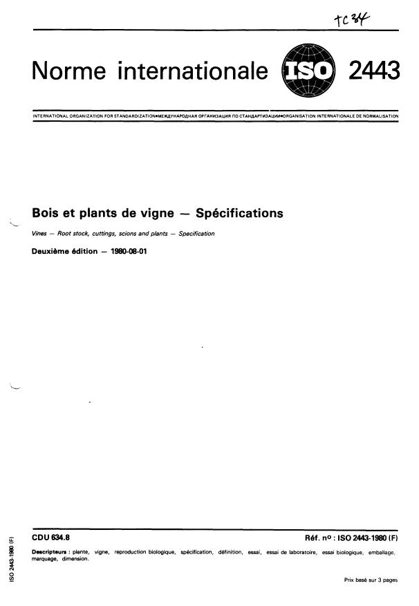 ISO 2443:1980 - Bois et plants de vigne -- Spécifications