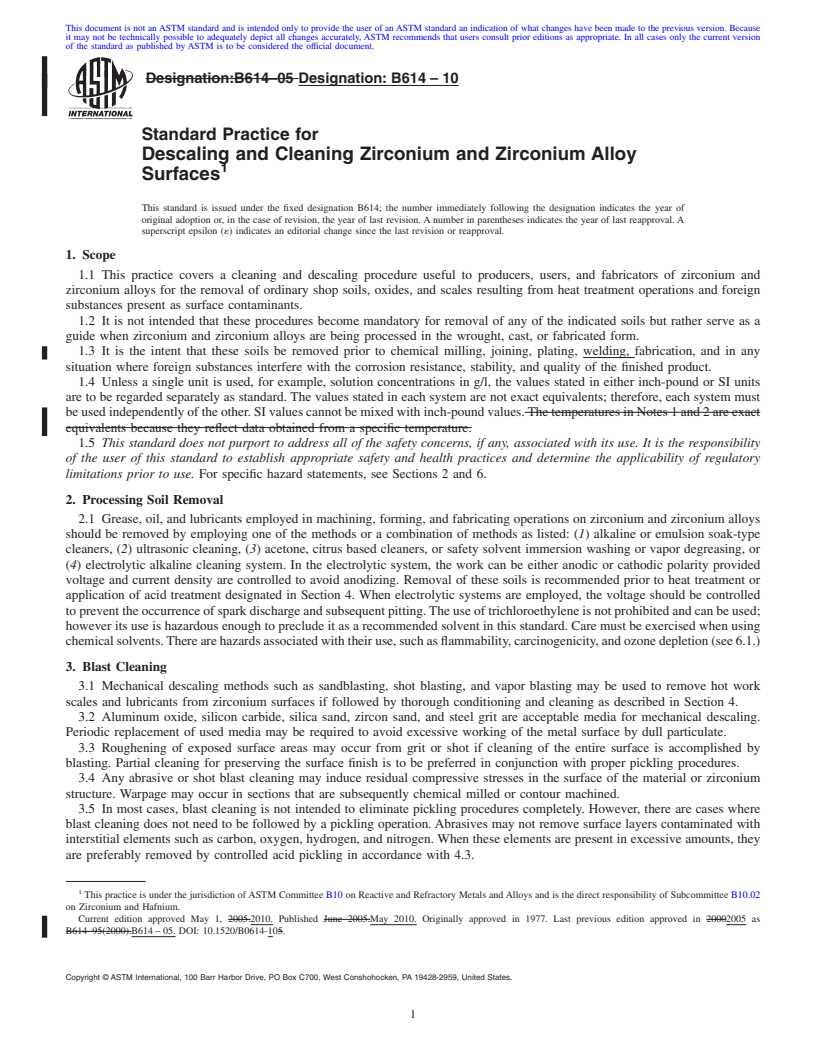 REDLINE ASTM B614-10 - Standard Practice for Descaling and Cleaning Zirconium and Zirconium Alloy Surfaces