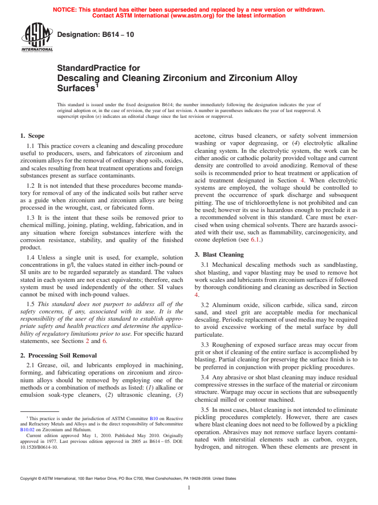 ASTM B614-10 - Standard Practice for Descaling and Cleaning Zirconium and Zirconium Alloy Surfaces