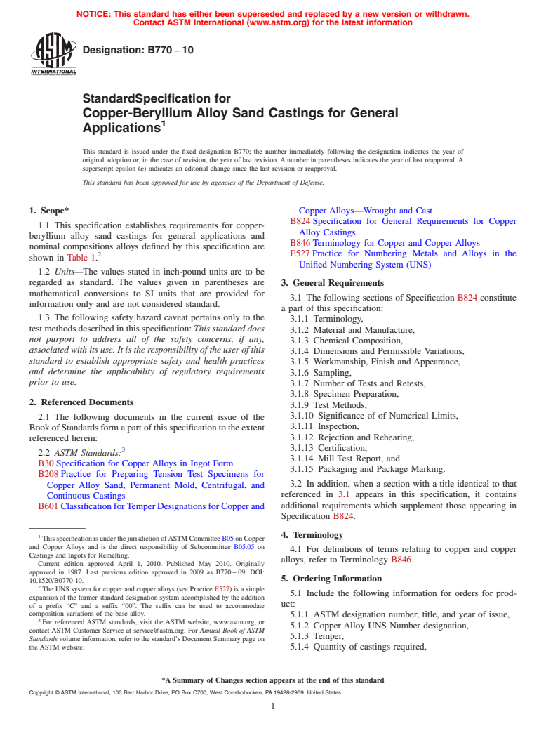 ASTM B770-10 - Standard Specification for Copper-Beryllium Alloy Sand Castings for General Applications