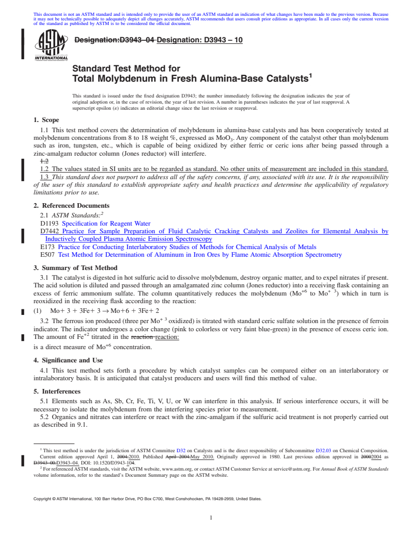 REDLINE ASTM D3943-10 - Standard Test Method for Total Molybdenum in Fresh Alumina-Base Catalysts