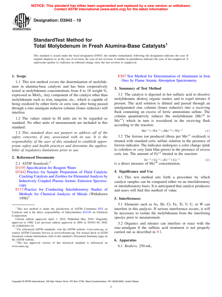 ASTM D3943-10 - Standard Test Method for Total Molybdenum in Fresh Alumina-Base Catalysts