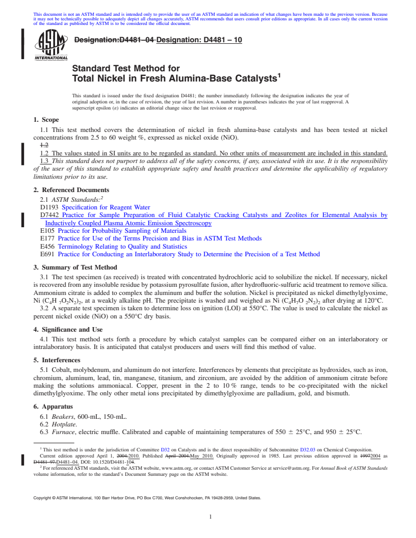 REDLINE ASTM D4481-10 - Standard Test Method for Total Nickel in Fresh Alumina-Base Catalysts