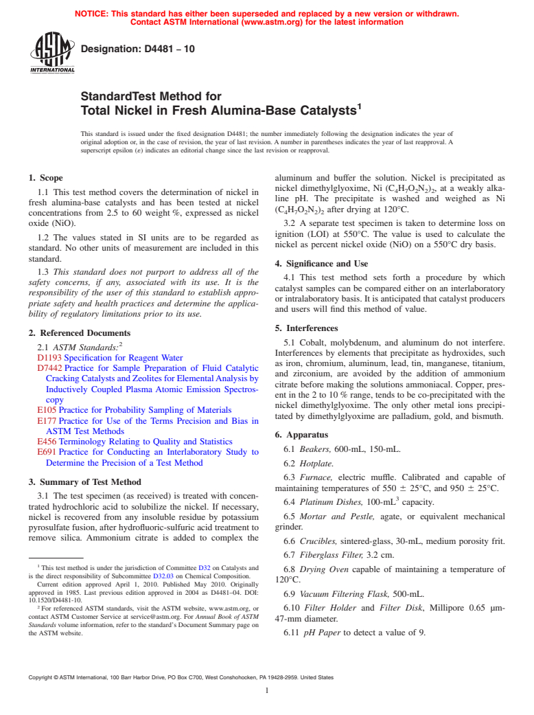 ASTM D4481-10 - Standard Test Method for Total Nickel in Fresh Alumina-Base Catalysts