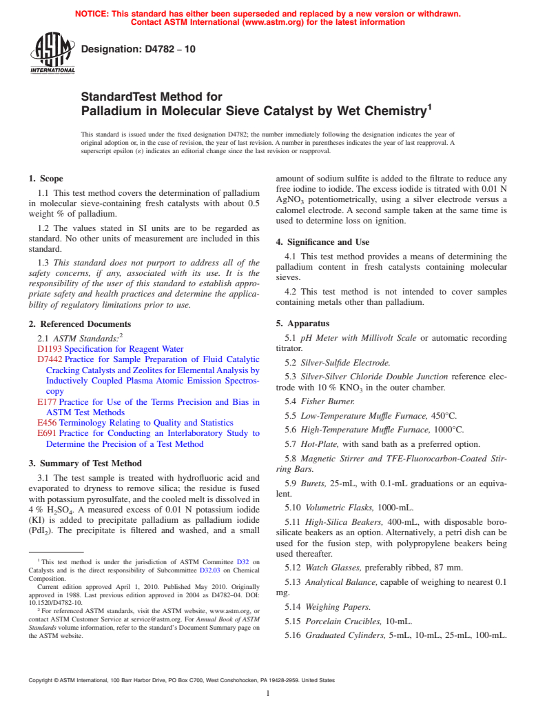 ASTM D4782-10 - Standard Test Method for Palladium in Molecular Sieve Catalyst by Wet Chemistry