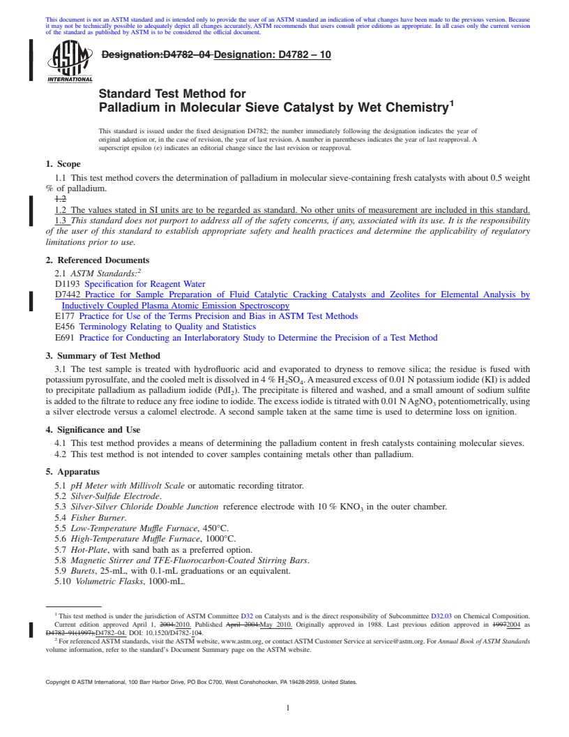 REDLINE ASTM D4782-10 - Standard Test Method for Palladium in Molecular Sieve Catalyst by Wet Chemistry