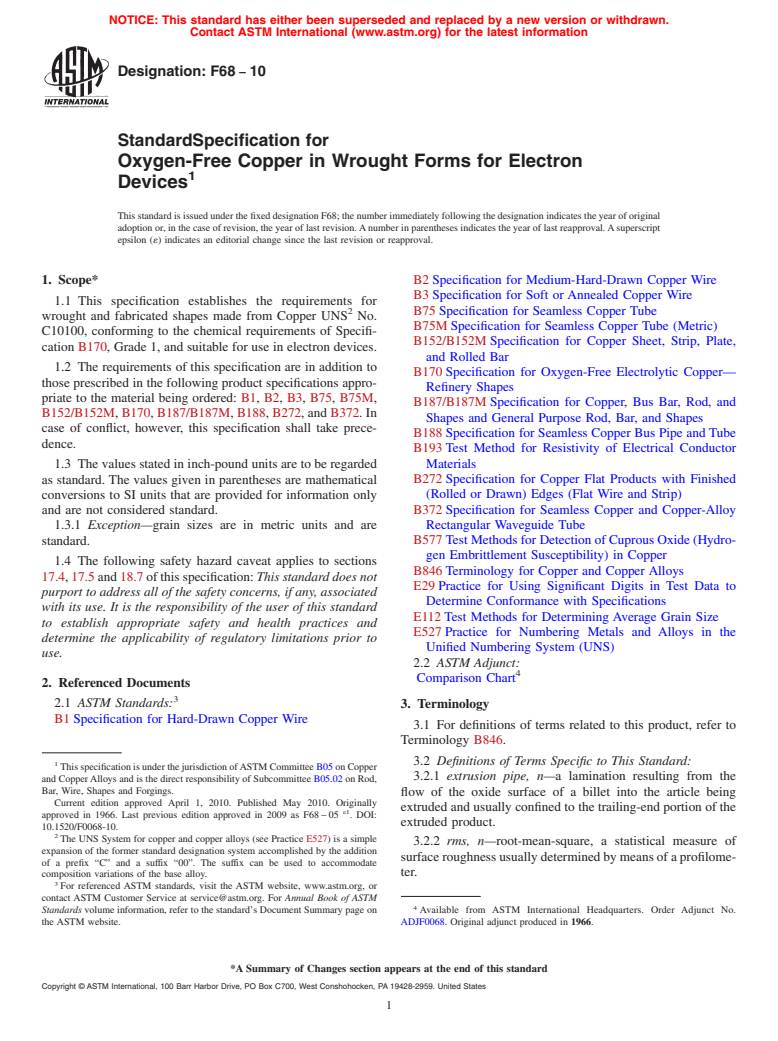 ASTM F68-10 - Standard Specification for Oxygen-Free Copper in Wrought Forms for Electron Devices