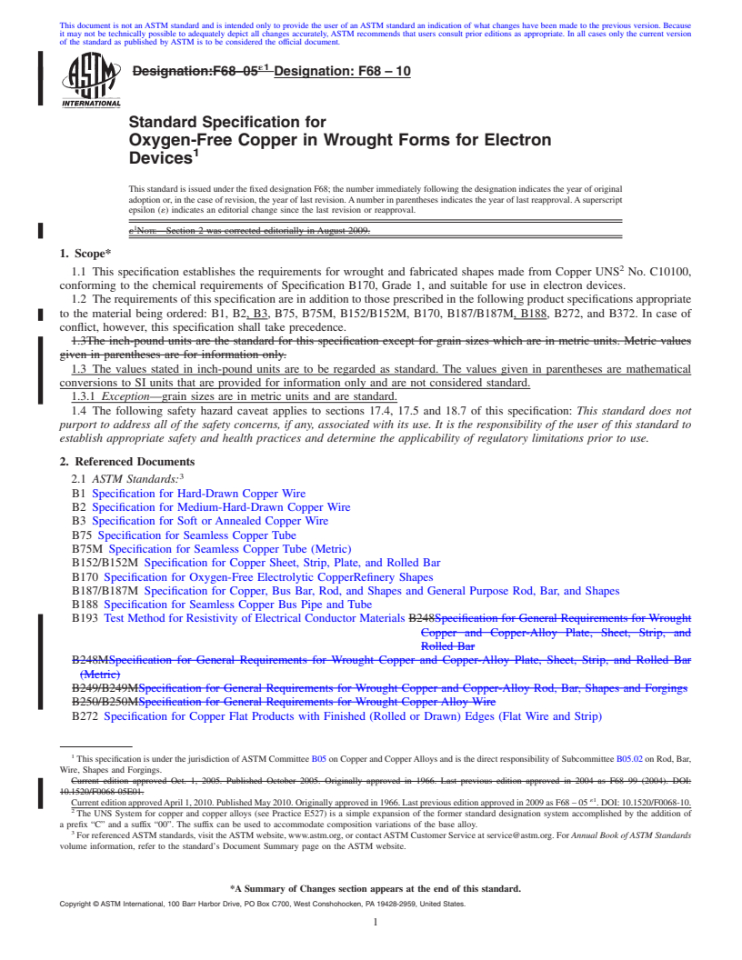 REDLINE ASTM F68-10 - Standard Specification for Oxygen-Free Copper in Wrought Forms for Electron Devices