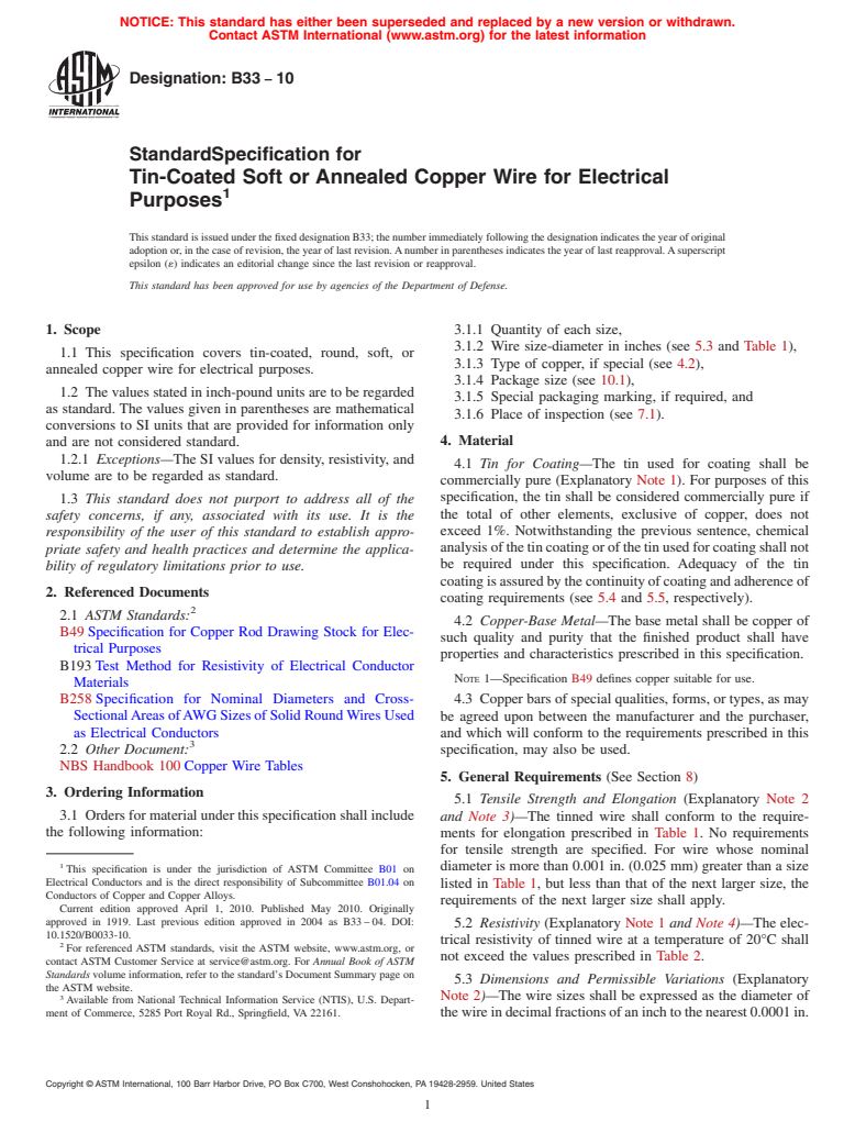 ASTM B33-10 - Standard Specification for  Tin-Coated Soft or Annealed Copper Wire for Electrical Purposes