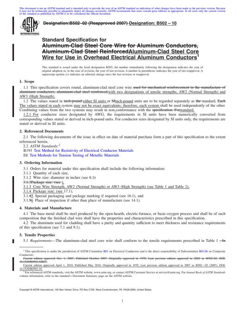 REDLINE ASTM B502-10 - Standard Specification for  Aluminum-Clad Steel Core Wire for Use in Overhead Electrical Aluminum Conductors