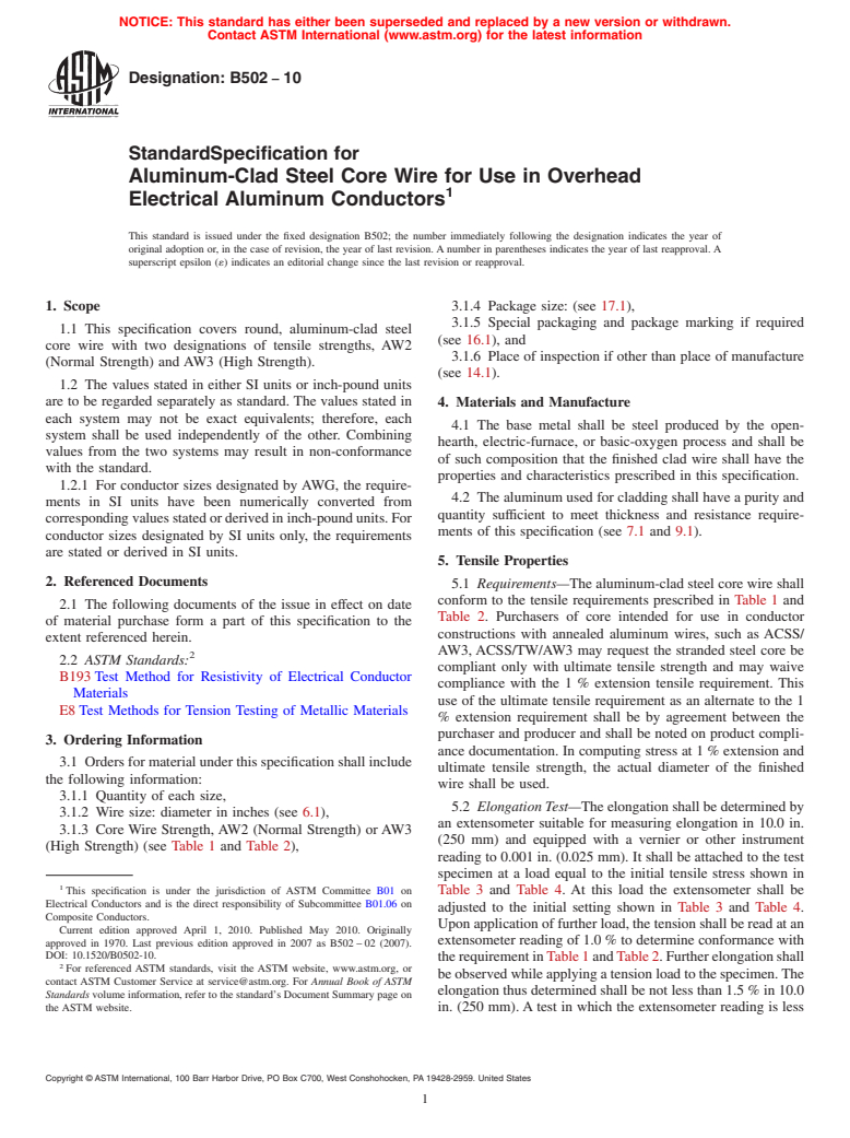 ASTM B502-10 - Standard Specification for  Aluminum-Clad Steel Core Wire for Use in Overhead Electrical Aluminum Conductors