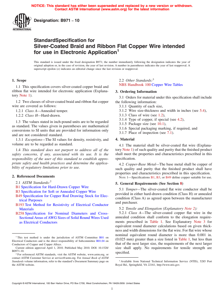 ASTM B971-10 - Standard Specification for Silver-Coated Braid and Ribbon Flat Copper Wire intended for use in Electronic Application