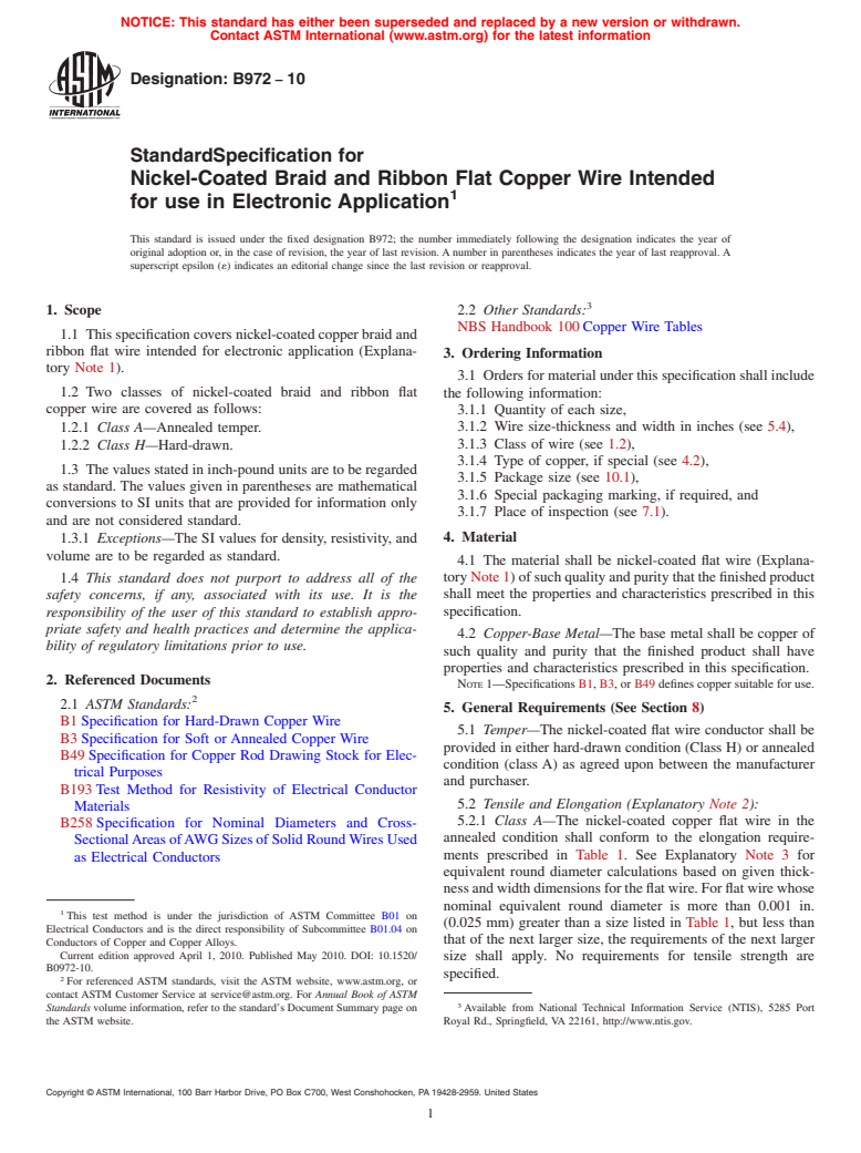 ASTM B972-10 - Standard Specification for Nickel-Coated Braid and Ribbon Flat Copper Wire Intended for use in Electronic Application