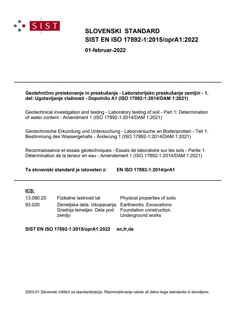 SIST EN ISO 17892-1:2015/oprA1:2022