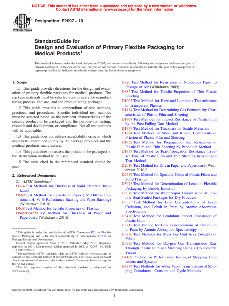 ASTM F2097-10 - Standard Guide for Design and Evaluation of Primary Flexible Packaging for Medical Products