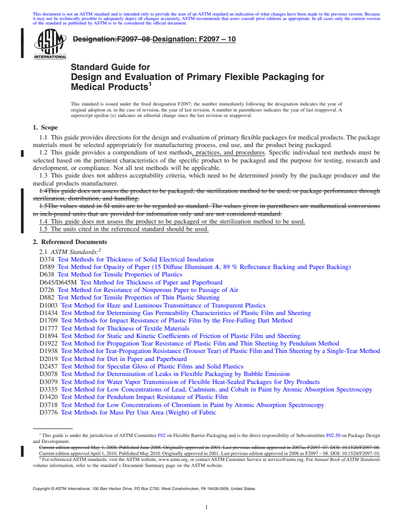 REDLINE ASTM F2097-10 - Standard Guide for Design and Evaluation of Primary Flexible Packaging for Medical Products